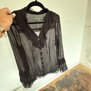 Sheer Black Silk Blouse Ruffle Front Button Down Flowy Bell Sleeves Size S
